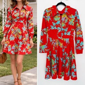 Vintage 60s 70s Asian Pagoda Garden Novelty Print Retro Mini Dress Rare